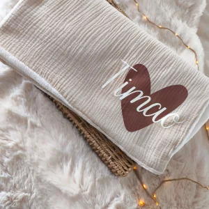 Couverture polaire gaze de coton  - Prénom & Coeur