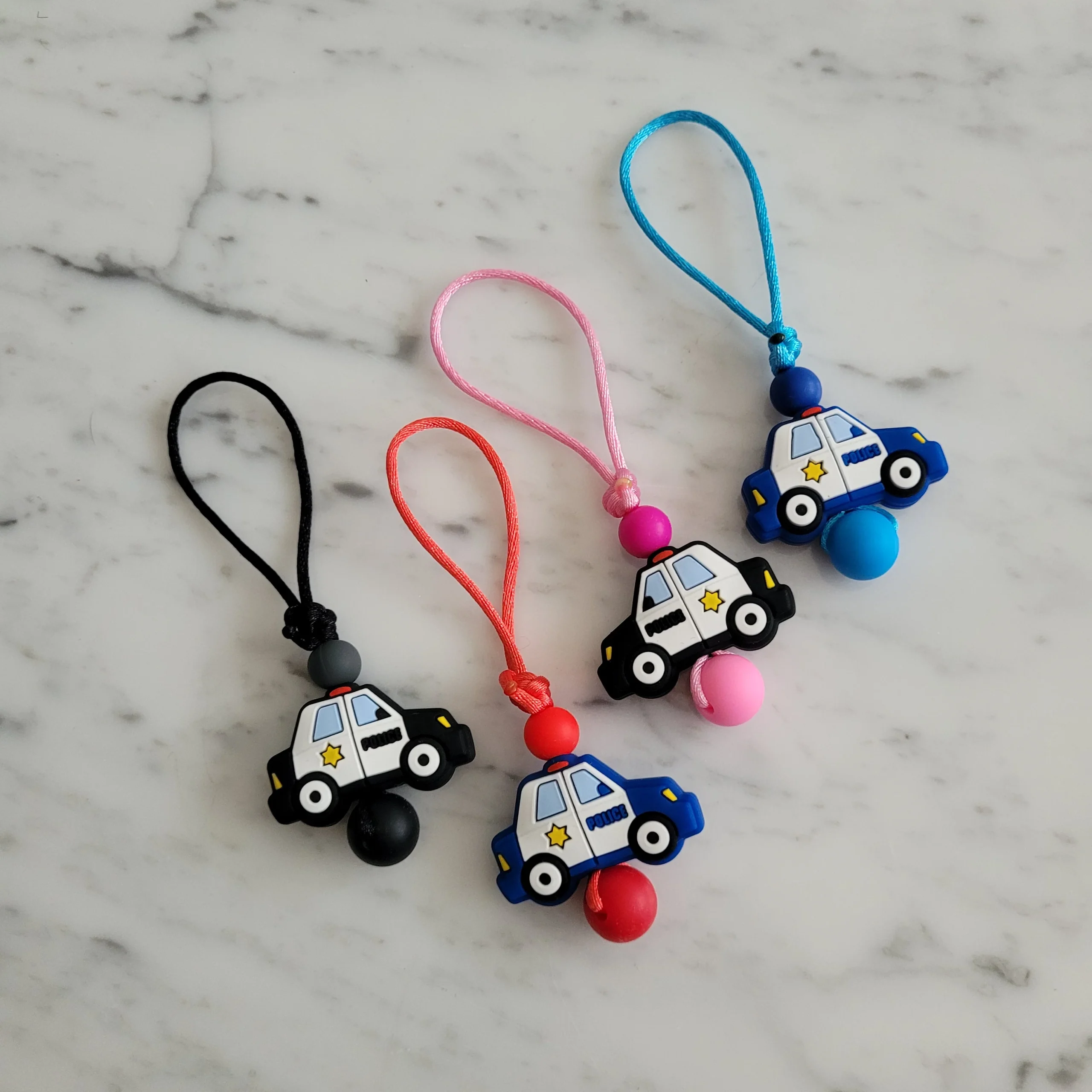 Tirette VOITURE DE POLICE pour fermeture éclair, zipette, accessoire sensoriel, bille de silicone