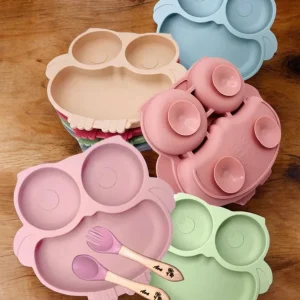 Duo assiette ventouse hiboux et couverts personnalisés pour enfants / bébés