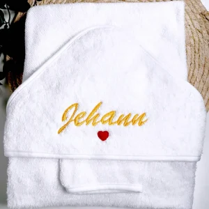 🧵Set de bain éponge personnalisé – 100% coton – cape brodé au prénom de bébé – Cadeau de naissance doux et unique, parfait pour garder en souvenir !