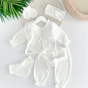 [Gamme Premium] Ensemble bébé fille 5 pièces – Blanc coton (0-3 mois)