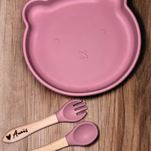 Duo assiette ventouse ourson et couverts personnalisés pour enfants / bébés