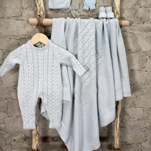 [Gamme Premium] Ensemble Naissance Bébé Garçon – 5 Pièces en Tricot Bleu (0-3 Mois)