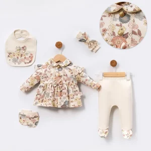 [Gamme Premium] Ensemble naissance fille 5 pièces – Beige fleuri & doré, coton bio (0-3 mois)