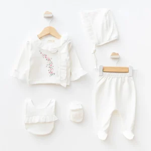 [Gamme Premium] Ensemble bébé fille 5 pièces – Blanc, coton bio (0-3 mois) ou (3-6 mois)