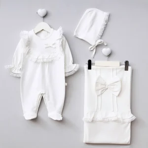 [Gamme Premium] Couverture+ Ensemble bébé fille – blanc, coton bio (0-3 mois)