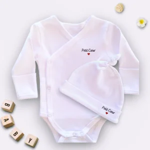 Ensemble "Petit Cœur" body et bonnet de naissance