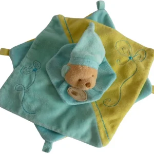 Doudou ours plat bleu turquoise jaune - Baby'Nat