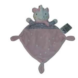 Doudou licorne - rose gris - plat - Mots d'Enfants