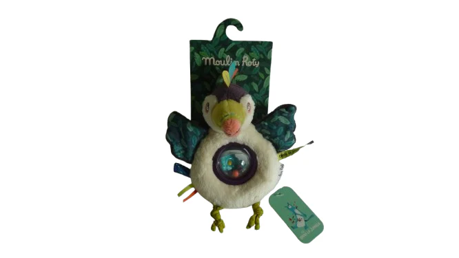 Doudou Toucan beige et vert - hochet - Moulin Roty