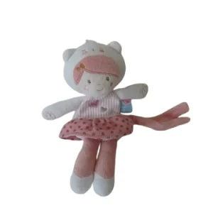 Doudou poupée blanc rose - attache tétine - Sucre d'Orge