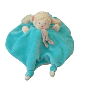 Doudou poupée fille réversible plat bleu crème - Ajena