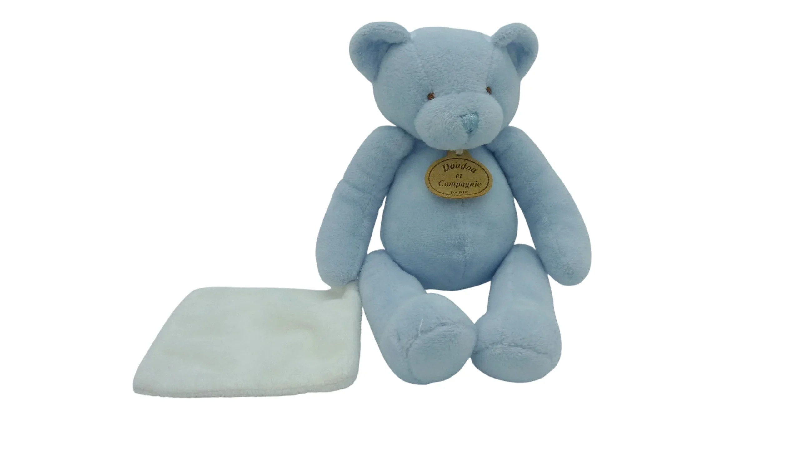 Peluche ours bleu avec mouchoir blanc - Doudou et Compagnie