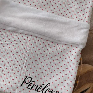 Couverture polaire gaze de coton  - Cœur rouge - Prénom