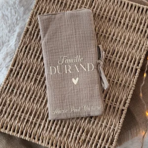Livret de Famille - Gaze de coton Chocolat- Nom & Prénoms