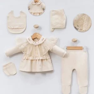 [Gamme Premium] Ensemble naissance fille 6 pièces – Beige dentelle, coton bio (0-3 mois)