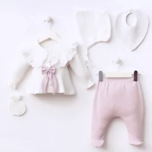 [Gamme Premium] Ensemble bébé fille 5 pièces – Blanc et lilas coton bio (0-3 mois)