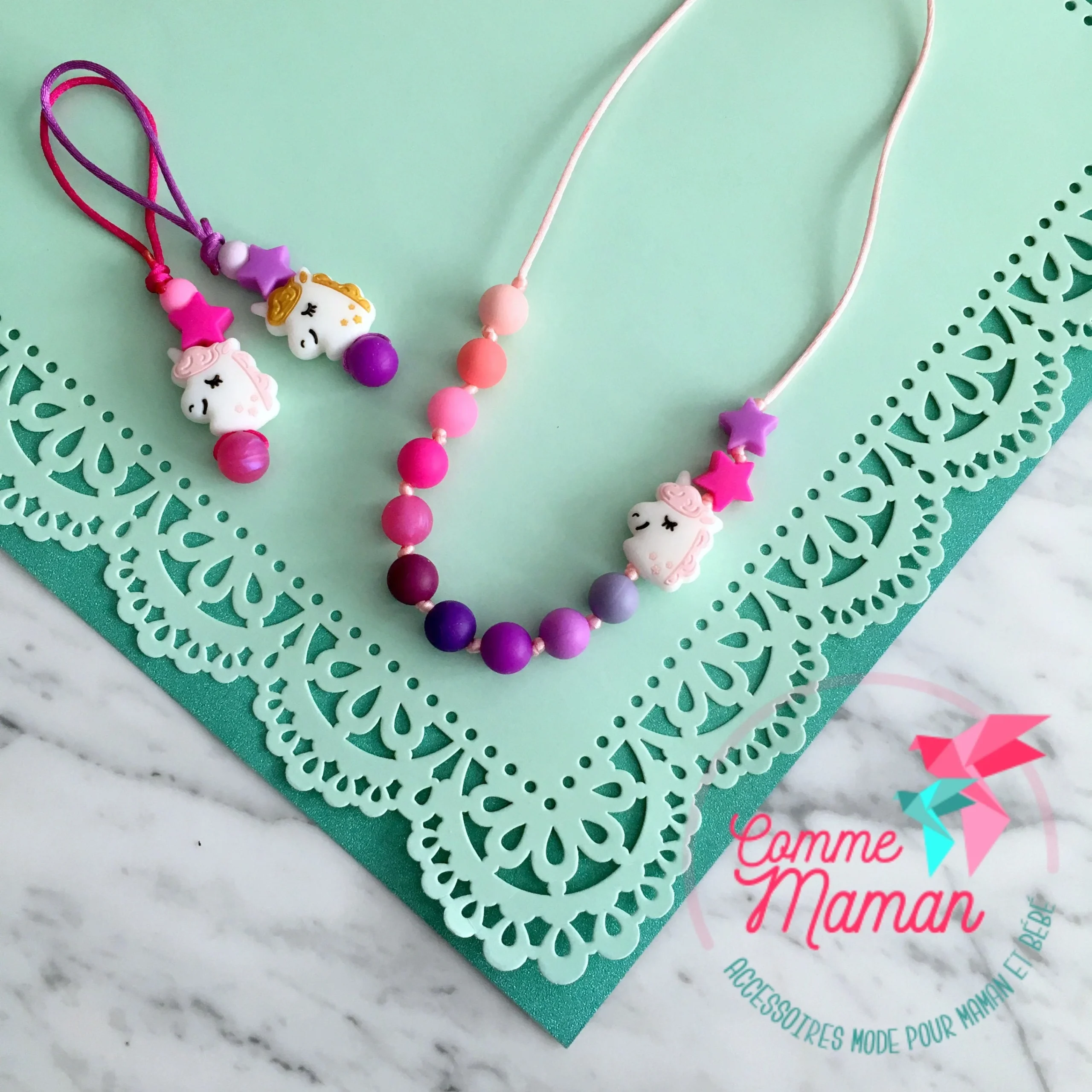 Collier pour enfant LICORNE, multicolore, collier sécuritaire, Collier perles de silicone, Smash the cake, Cadeau d'anniversaire – Image 4