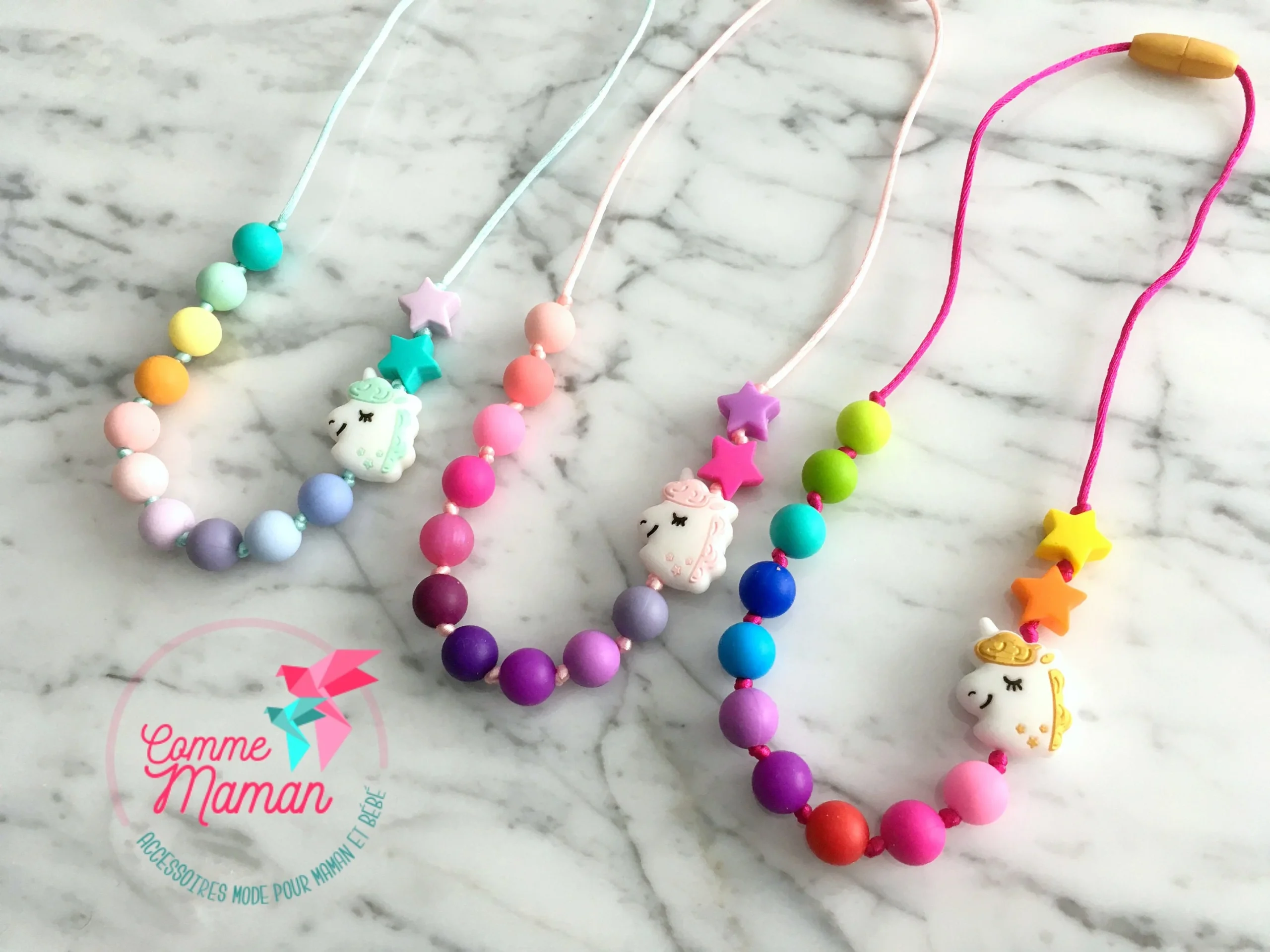 Collier pour enfant LICORNE, multicolore, collier sécuritaire, Collier perles de silicone, Smash the cake, Cadeau d'anniversaire