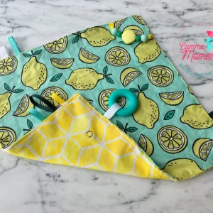 Doudou étiquettes CITRONS, mini doudou, doudou sensorielle, bille de dentition, accessoire pour bébé, cadeau de shower