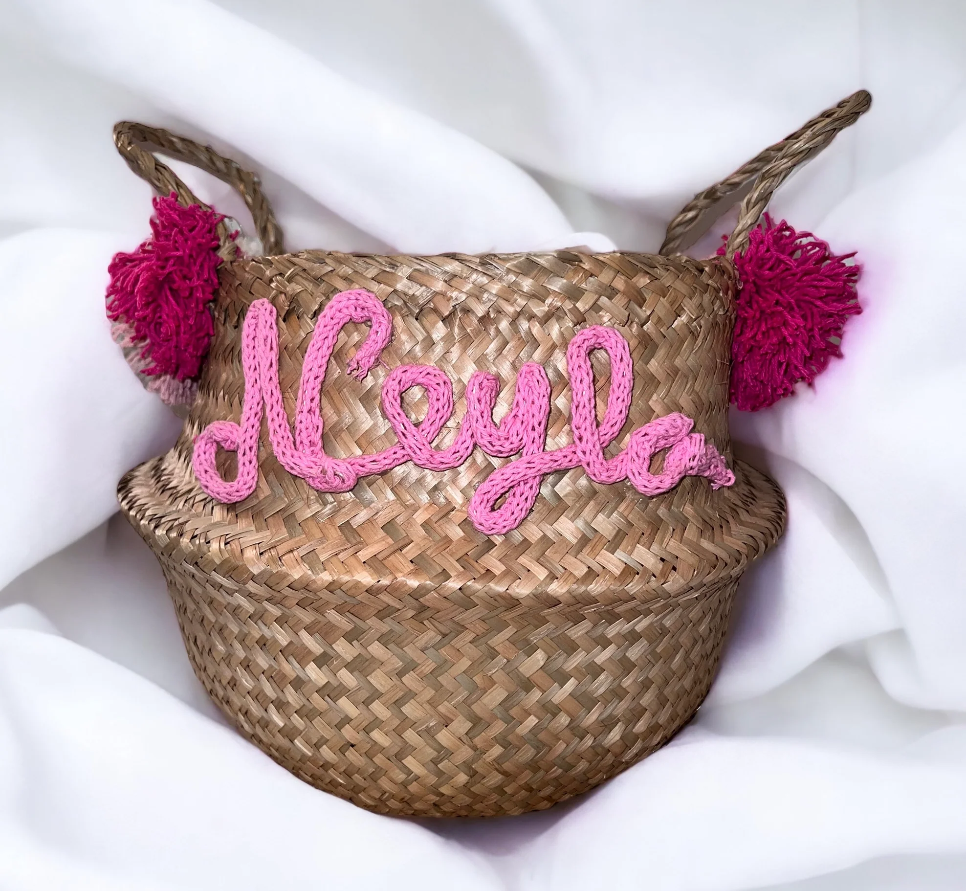 petit panier personnalisé en jonc de mer, panier de rangement personnalisé avec tricotin, prénom – Image 8