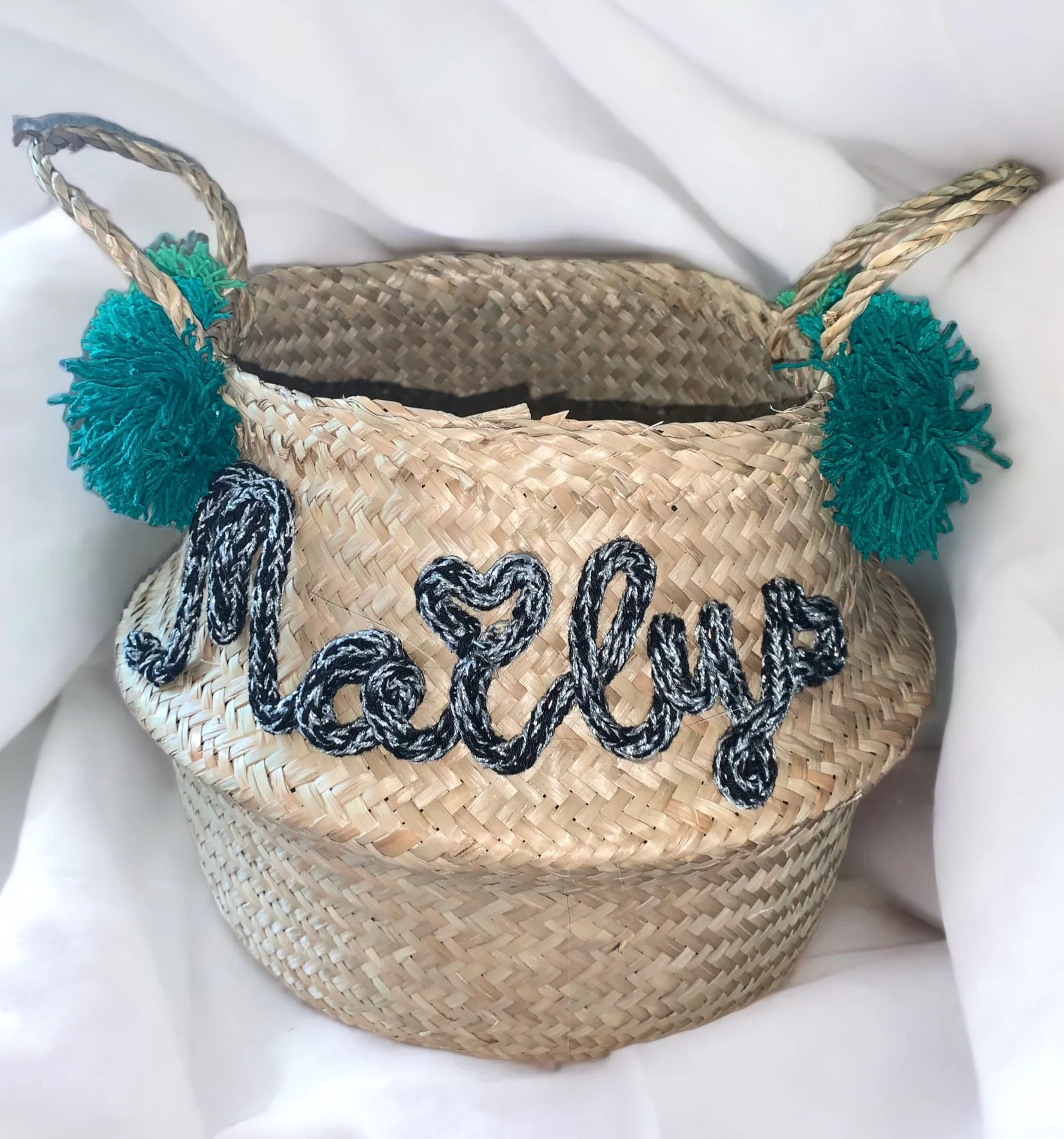 petit panier personnalisé en jonc de mer, panier de rangement personnalisé avec tricotin, prénom – Image 2