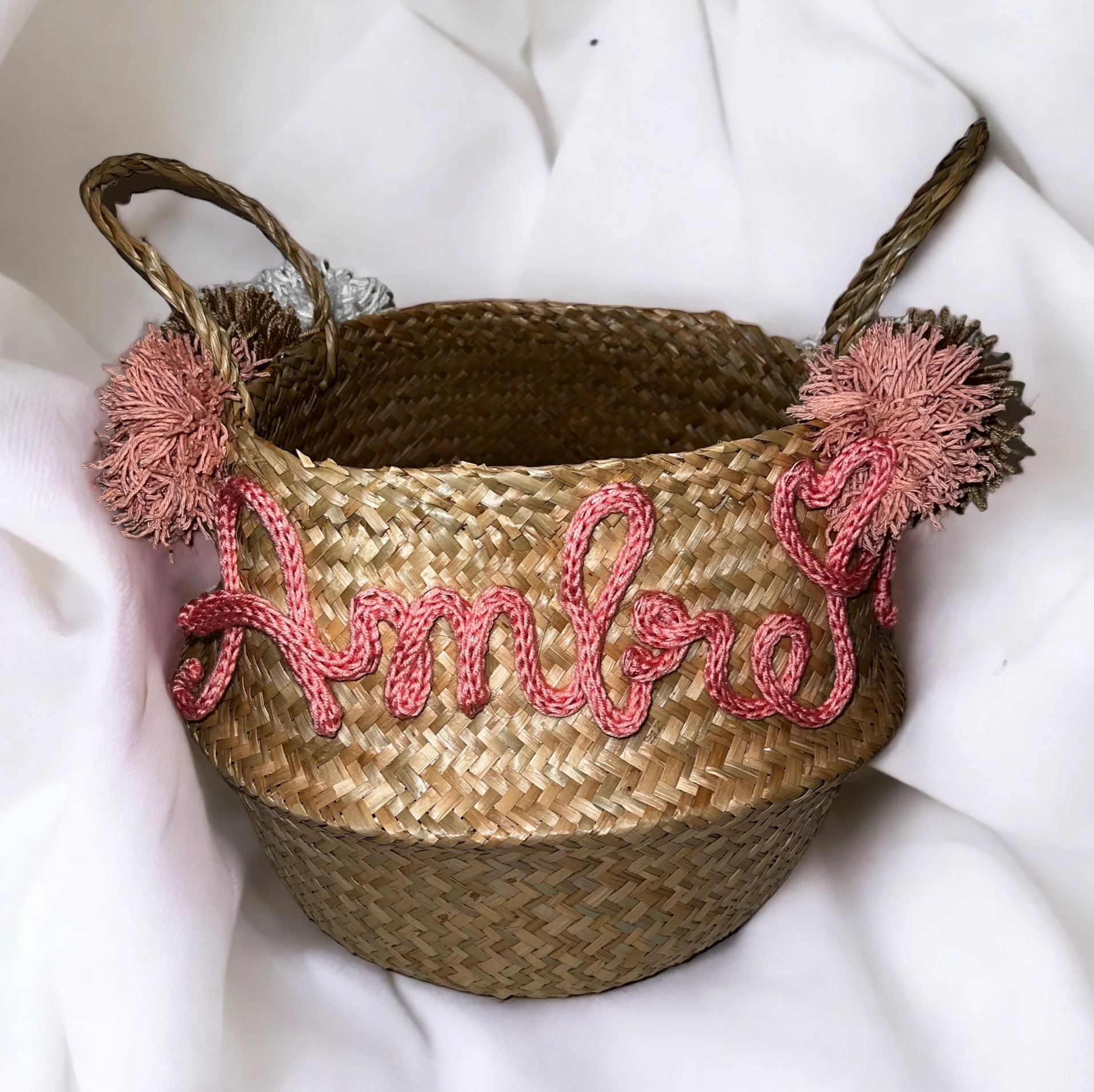 petit panier personnalisé en jonc de mer, panier de rangement personnalisé avec tricotin, prénom – Image 6