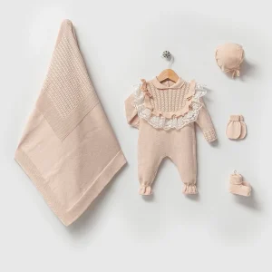 [Gamme Premium] Ensemble naissance bébé fille (0-3 mois) – 5 pièces tricotées en coton bio beige