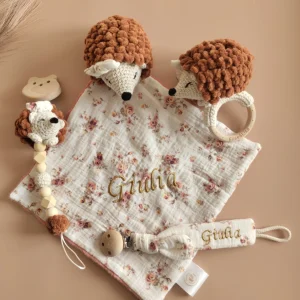 Ensemble 4 pièces hérisson doudou, hochet et attache tétine